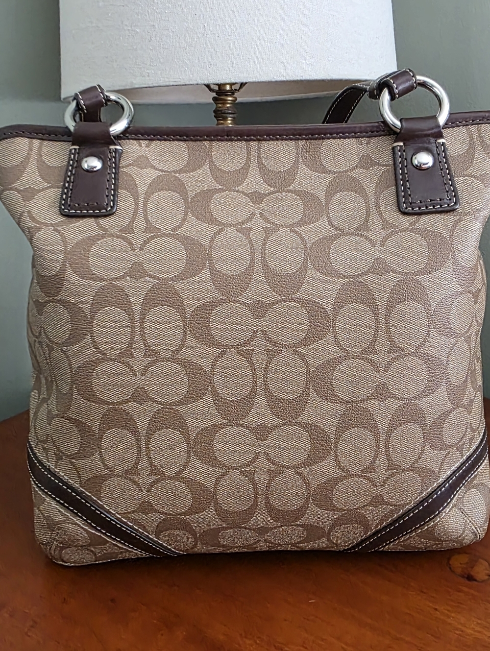 Coach F18393P Peyton Tote Signature Brown Tan Coated Canvas Leather Bag Y2K - Picture 4 of 15